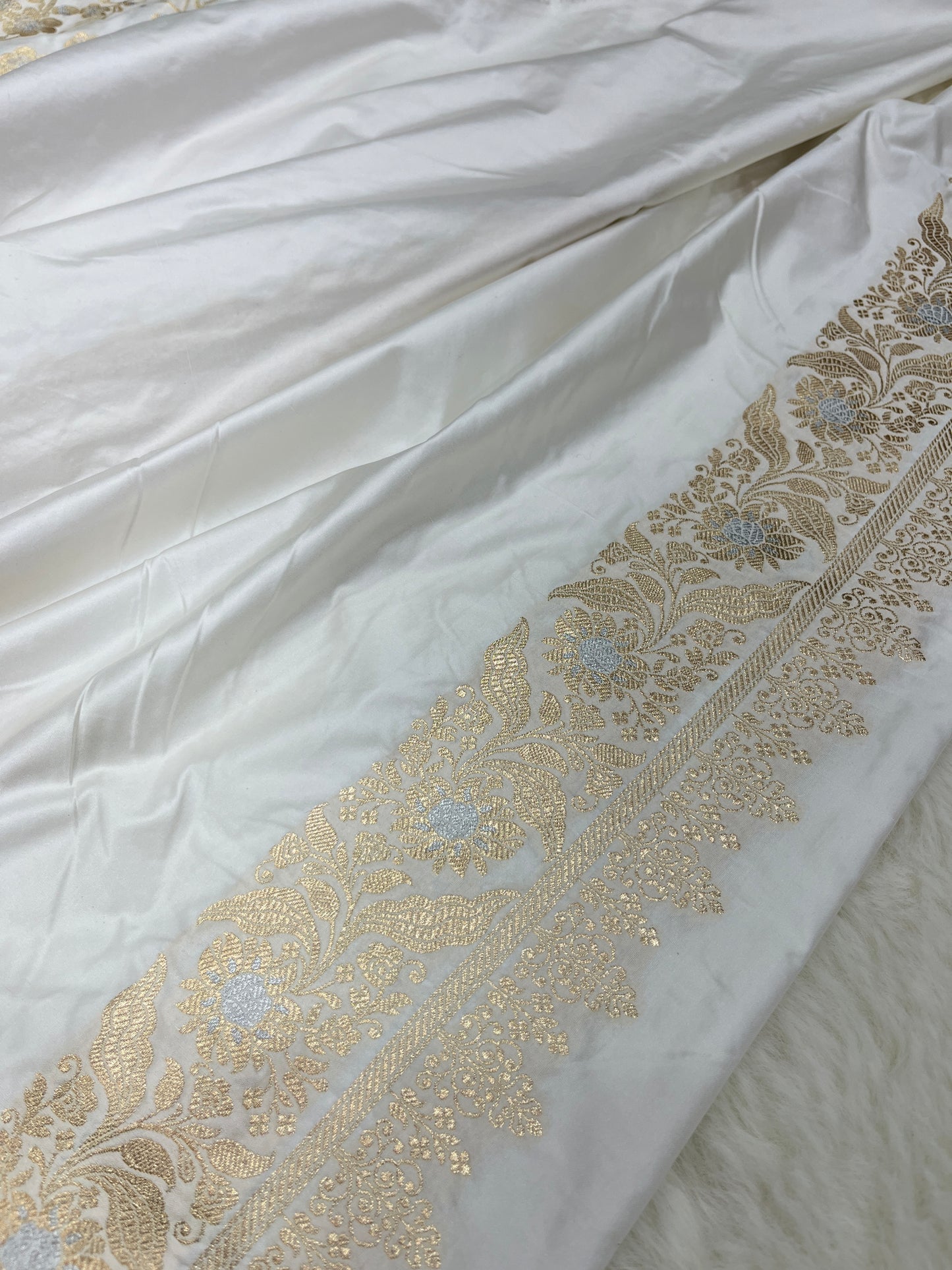Elegant Christian Bridal Wear Pearl White Banarasi Mashru Silk Sona Rupa Meenakari Saree