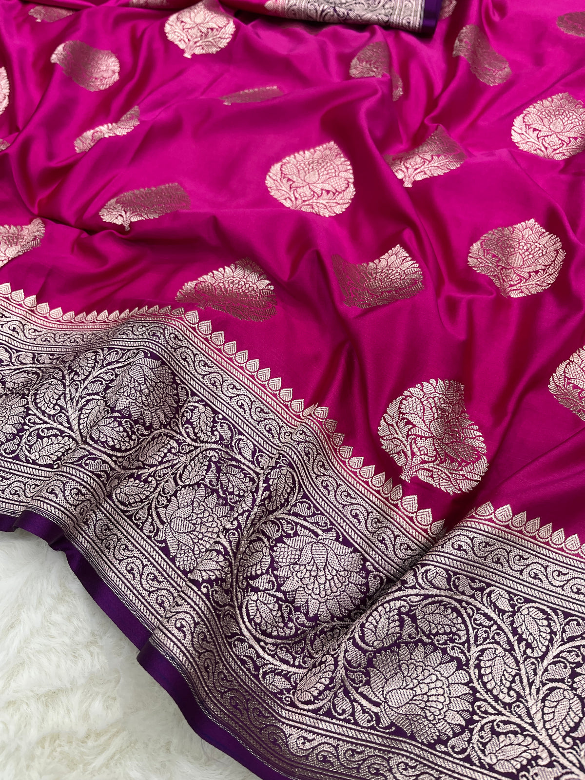 Magenta Pink Banarasi Soft Mashru Katan Silk Bootidar Saree with Purple Contrast Border