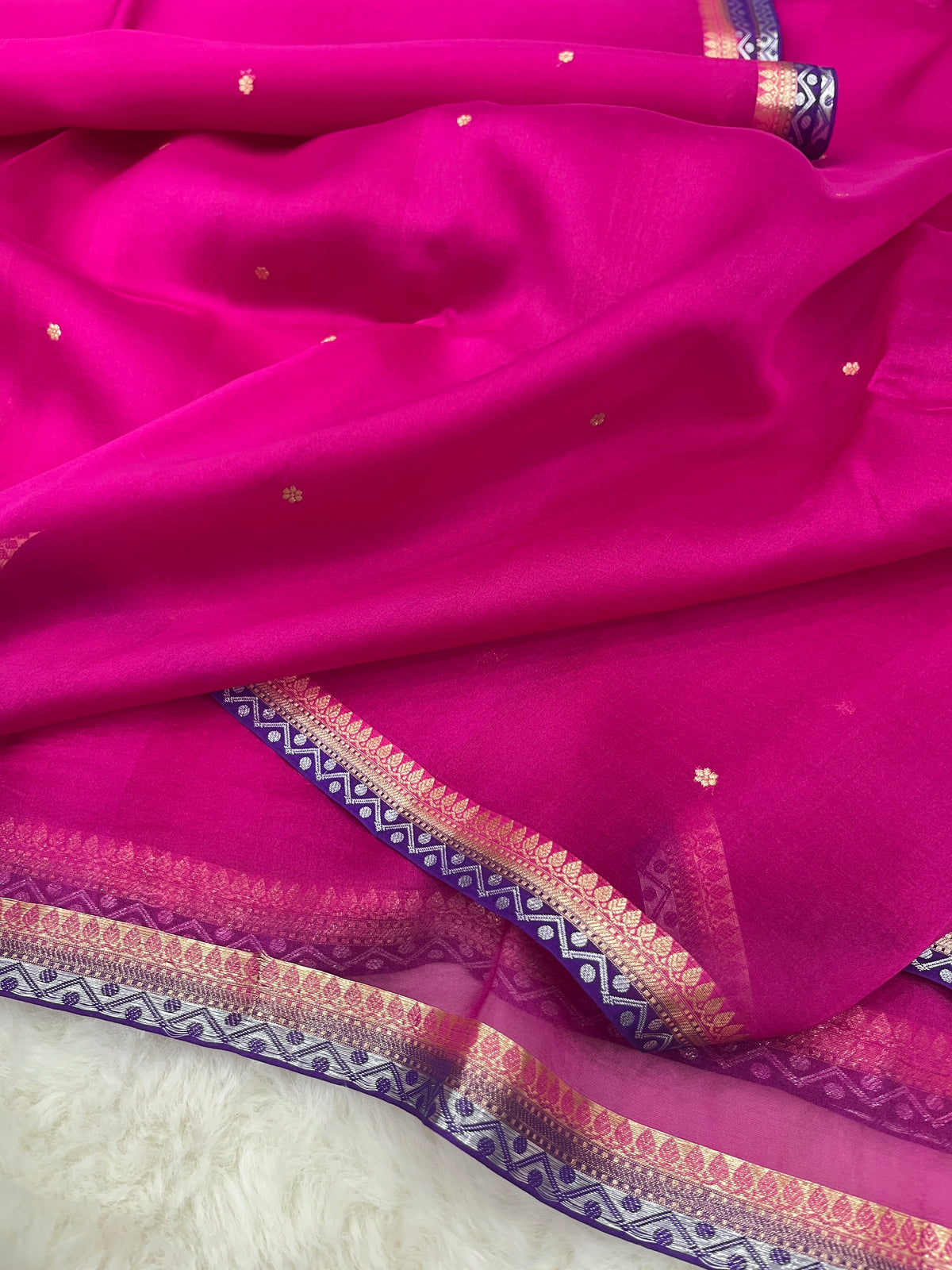 Fuchsia Pink Banarasi Pure Kora Organza Silk Saree