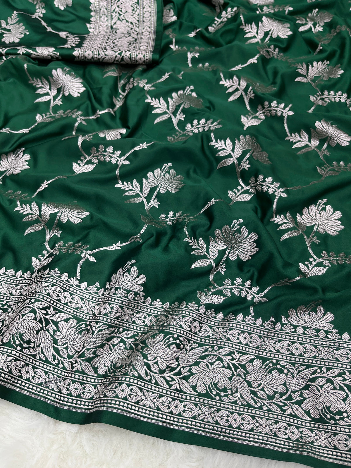 Green Banarasi Soft Mashru Katan Silk Jangla Saree