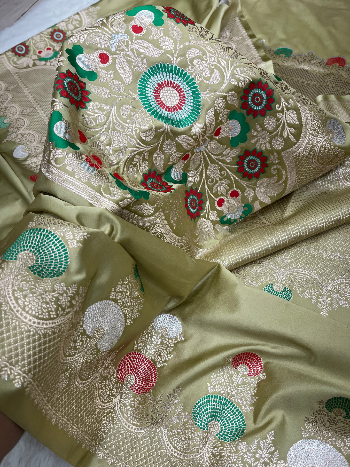 Graceful Festive Wear Pastel Green Banarasi Mashru Silk Meenakari Saree