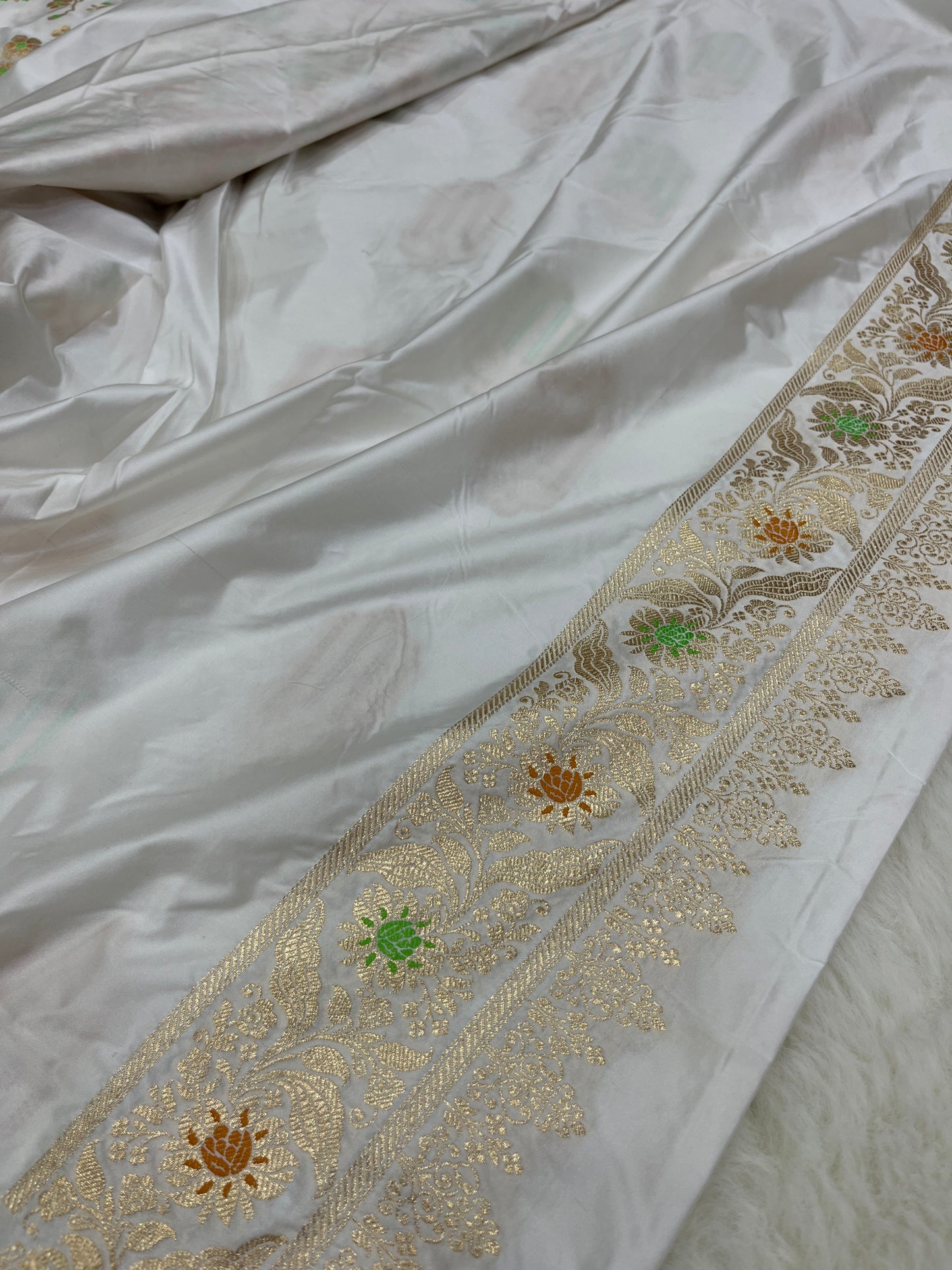 Elegant Christian Bridal Wear Ivory White Banarasi Mashru Silk Meenakari Saree