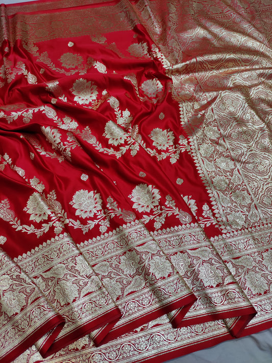 Bridal Red Banarasi Satin katan Saree