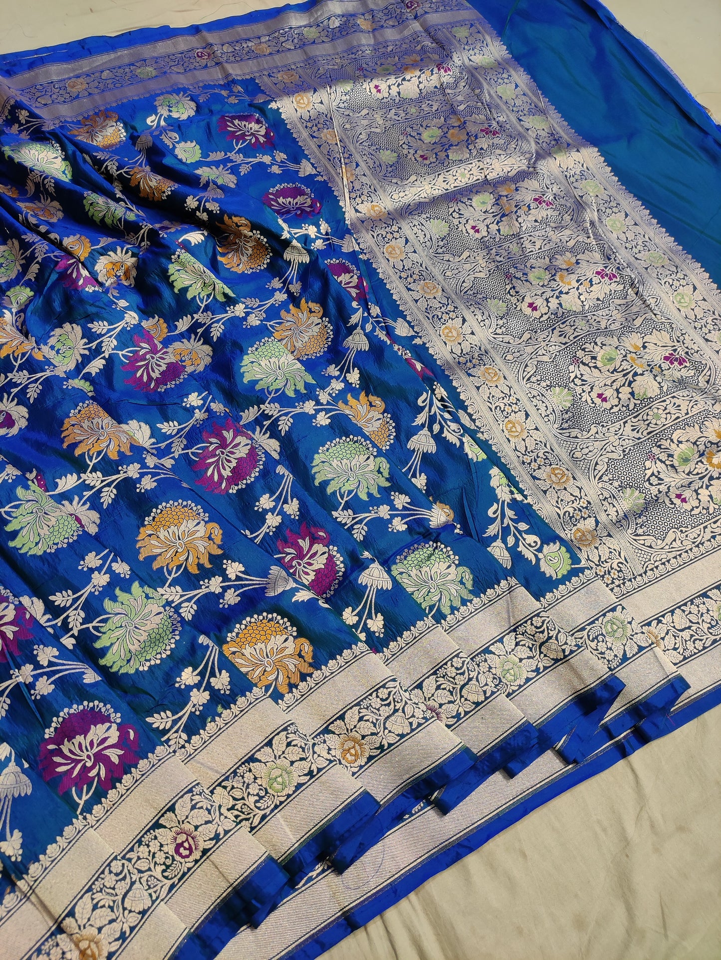 Peacock Blue Handwoven Banarasi Pure Katan Silk Floral Meenakari Saree