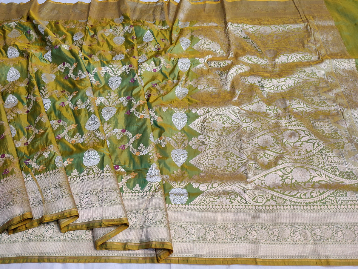 Olive Handwoven Banarasi Pure Katan Silk Meenakari Saree