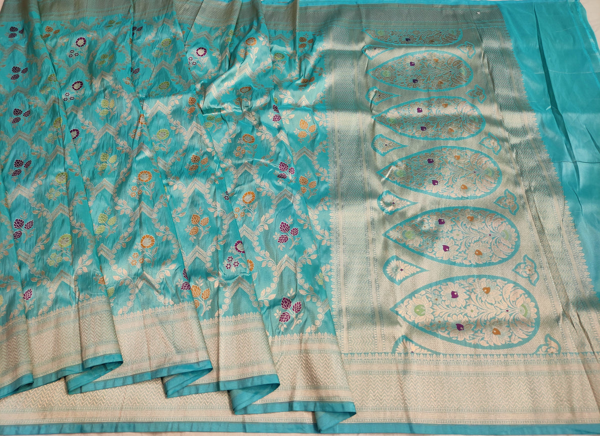 Handwoven Turquoise Blue Pure Katan Silk Meenakari Saree