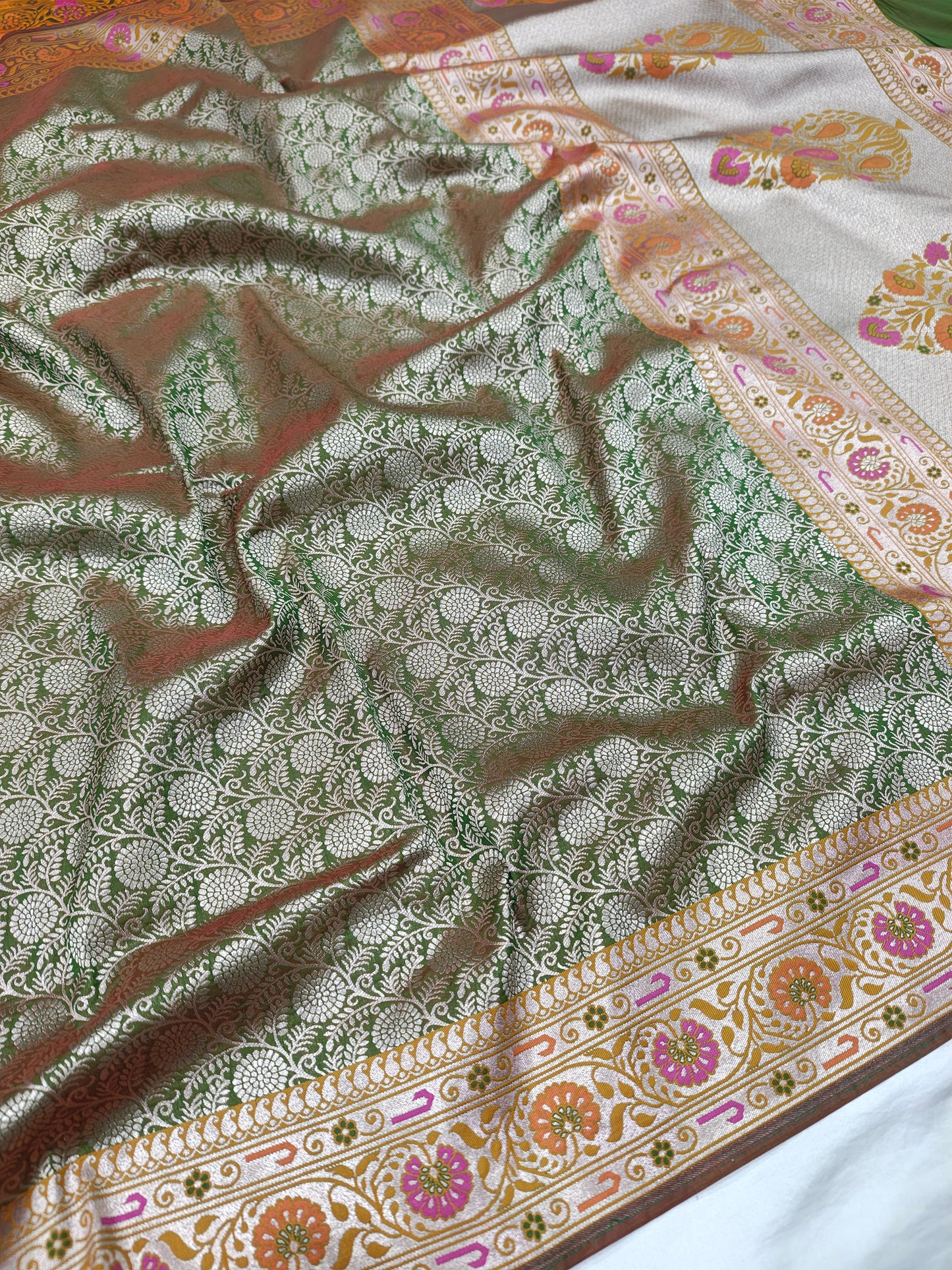Green Semi katan Banarasi Saree