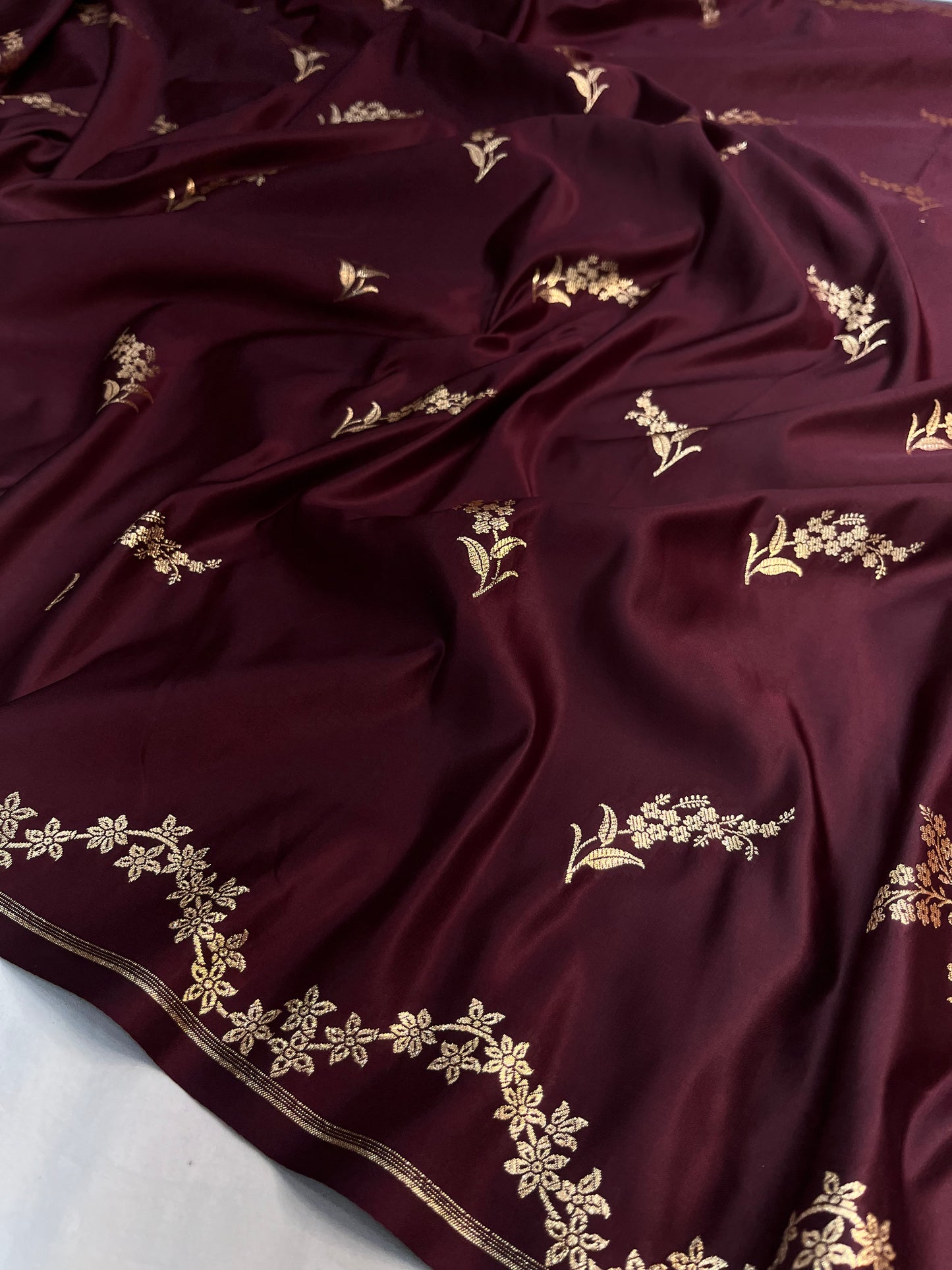 Banarasi Satin Katan Saree With Designer Boota in Garnet Shade
