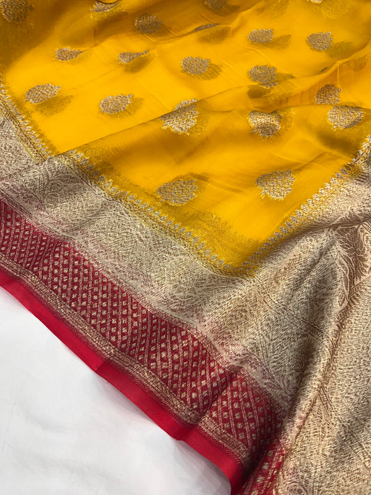 Yellow Red Banarasi Kora Organza Silk Saree