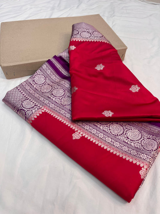 Red and Purple Banarasi Mashru Silk Saree with Copper Zari Weaving