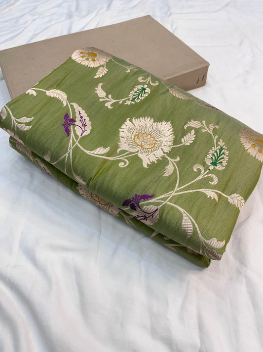 Pista Green Banarasi Floral Jaal Pure Katan Silk Saree with Golden Zari Weaving