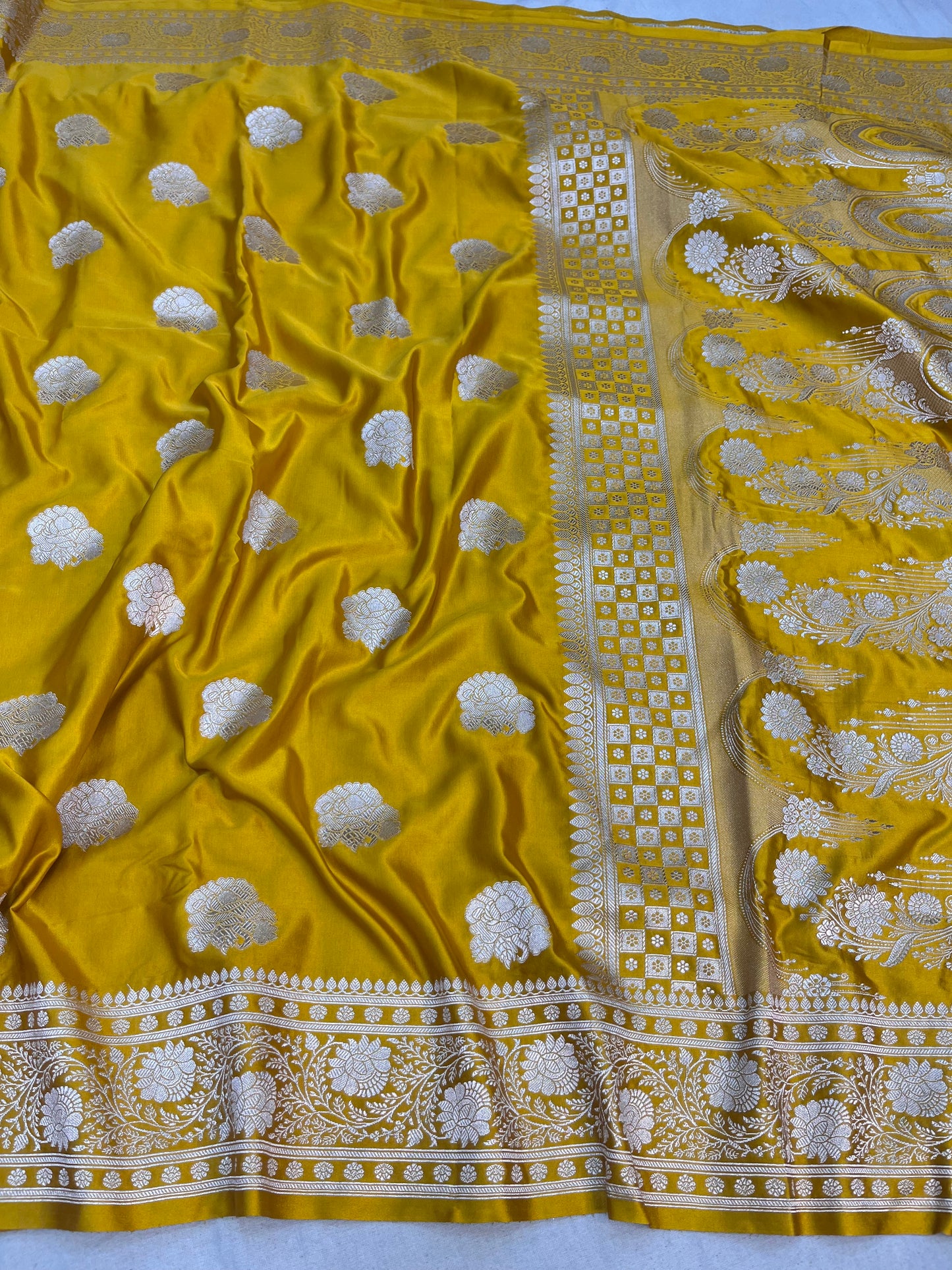 Golden yellow Banarasi Mashru Saree