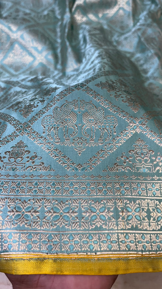 Blue handwoven Shikargah Pure mashru Silk Saree