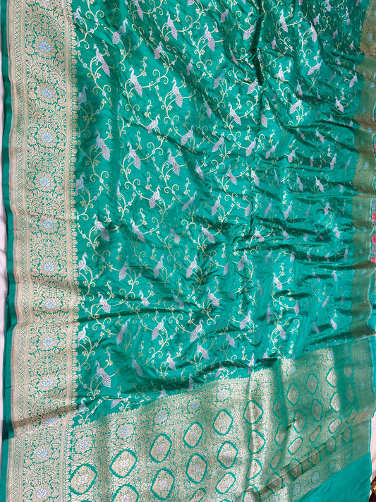 Sea Green Shikargah Banarasi Pure Silk Saree