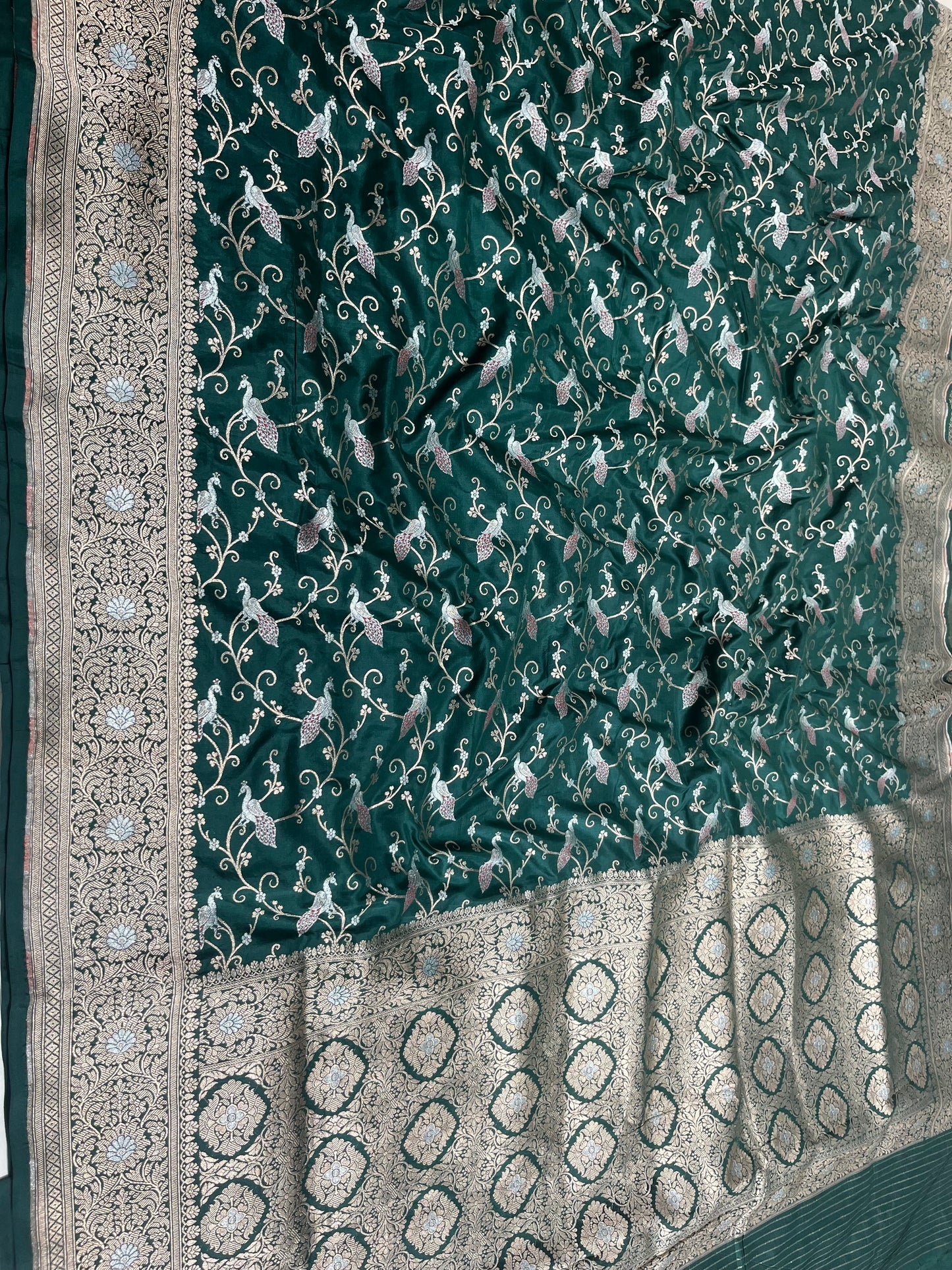 Dark Green Shikargah Banarasi Pure Silk Saree