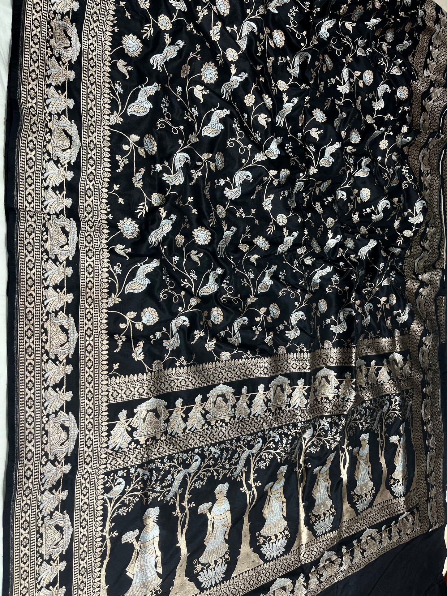 Black Shikargah Banarasi Pure Silk Saree