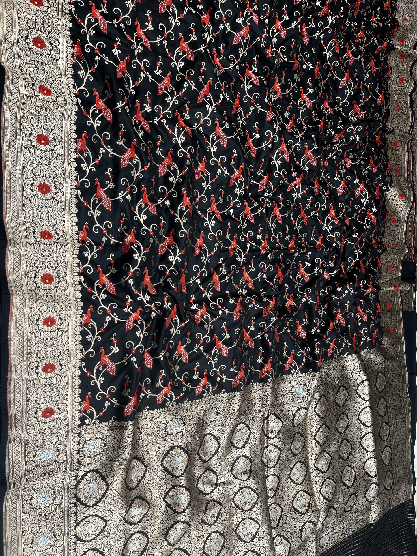 Black Shikargah Banarasi Pure Silk Saree