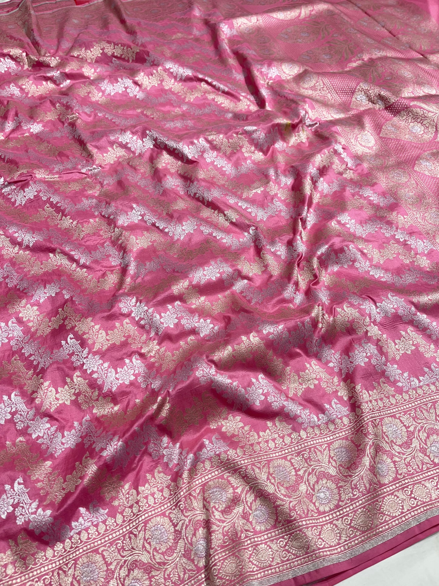Baby Pink Shikargah Banarasi Pure Silk Saree
