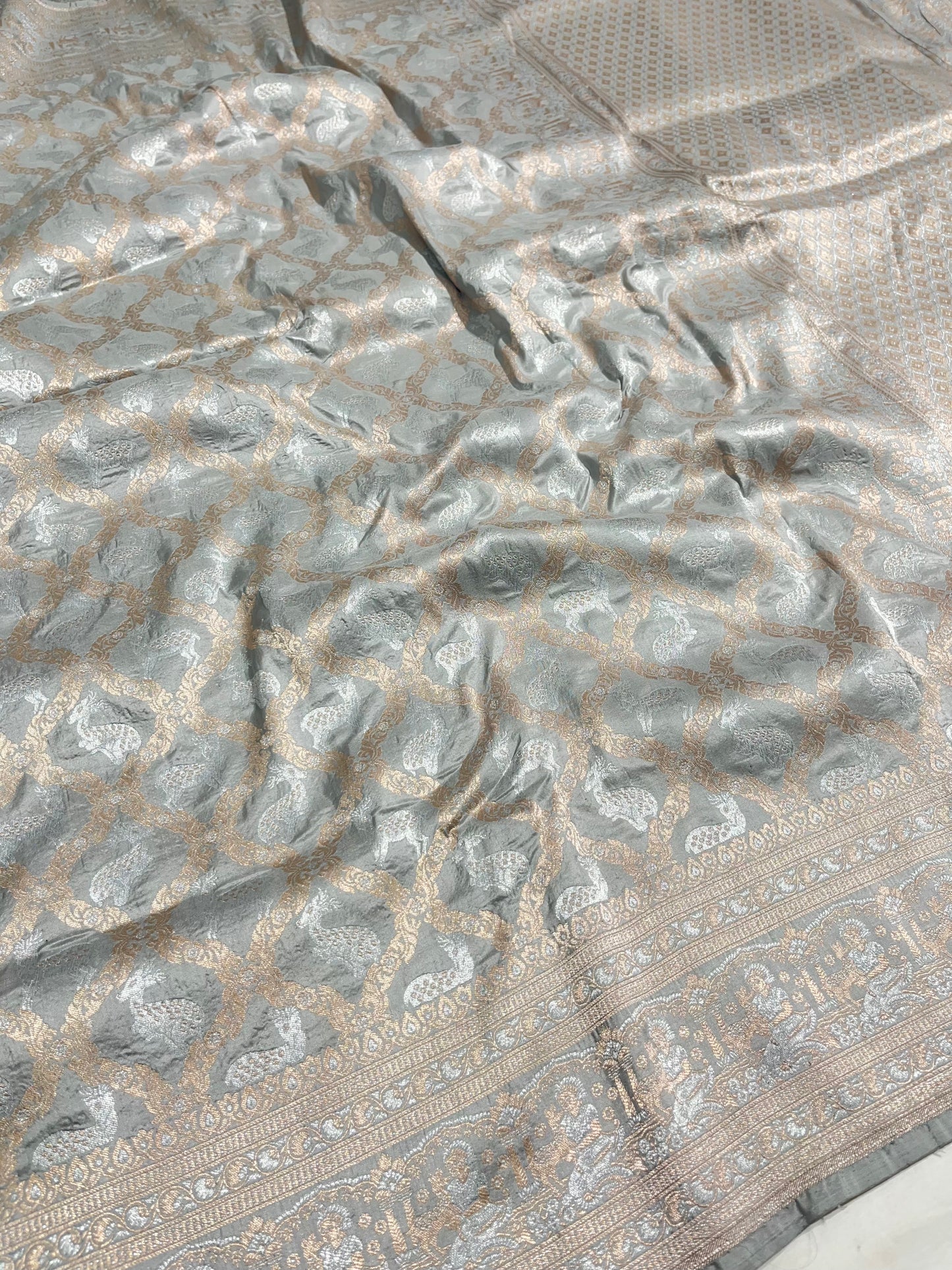 Grey Banarasi Shikargah Pure Silk Saree