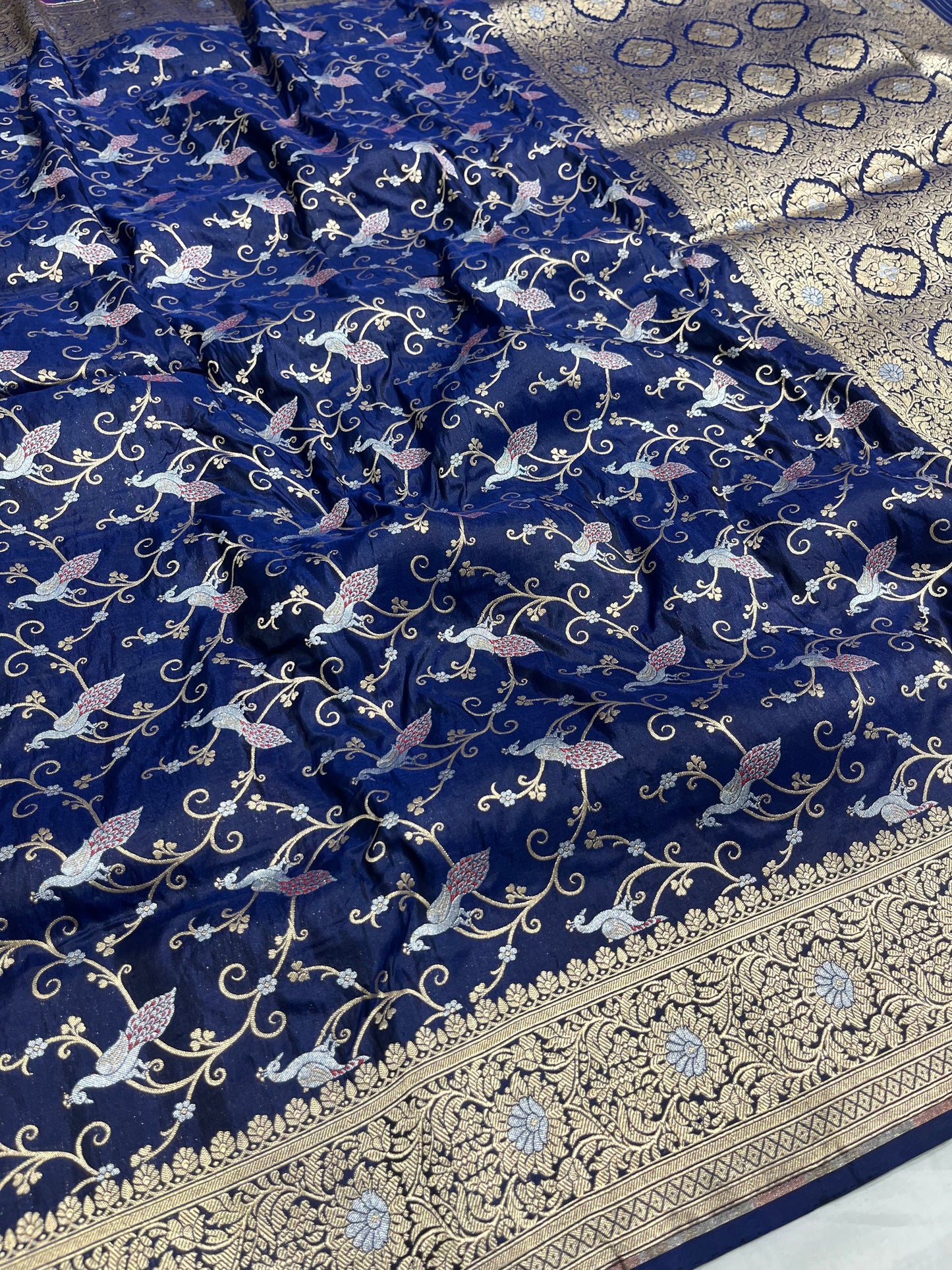 Nevy Blue Shikargah Pure Katan Silk Saree