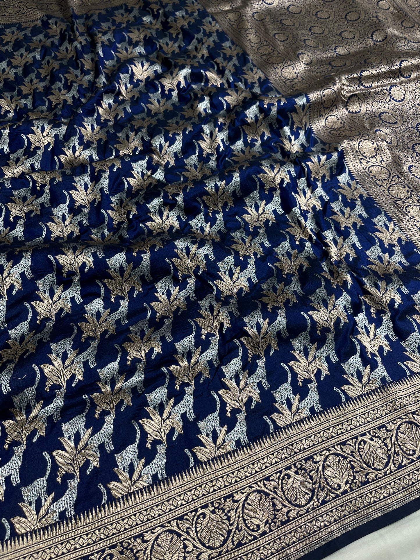 Nevy Blue Shikargah Pure Katan Silk Saree