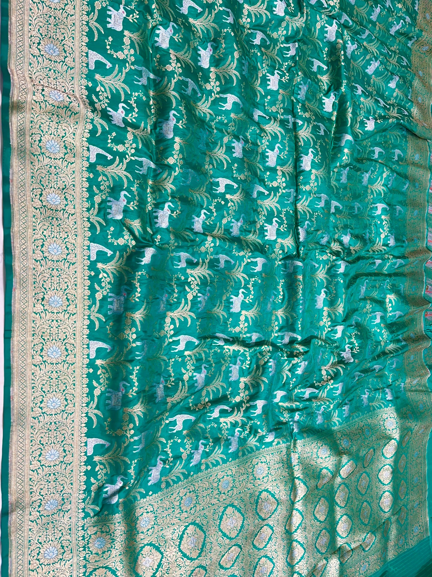 Sea Green Shikargah Pure Katan Silk Saree
