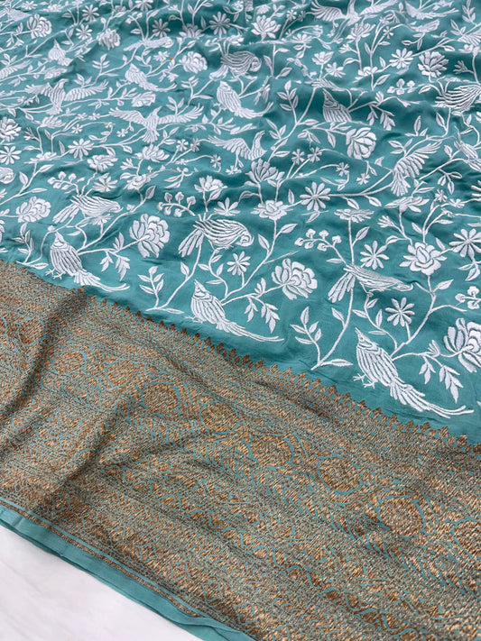 Turquoise Firozi Blue Parsigara Saree