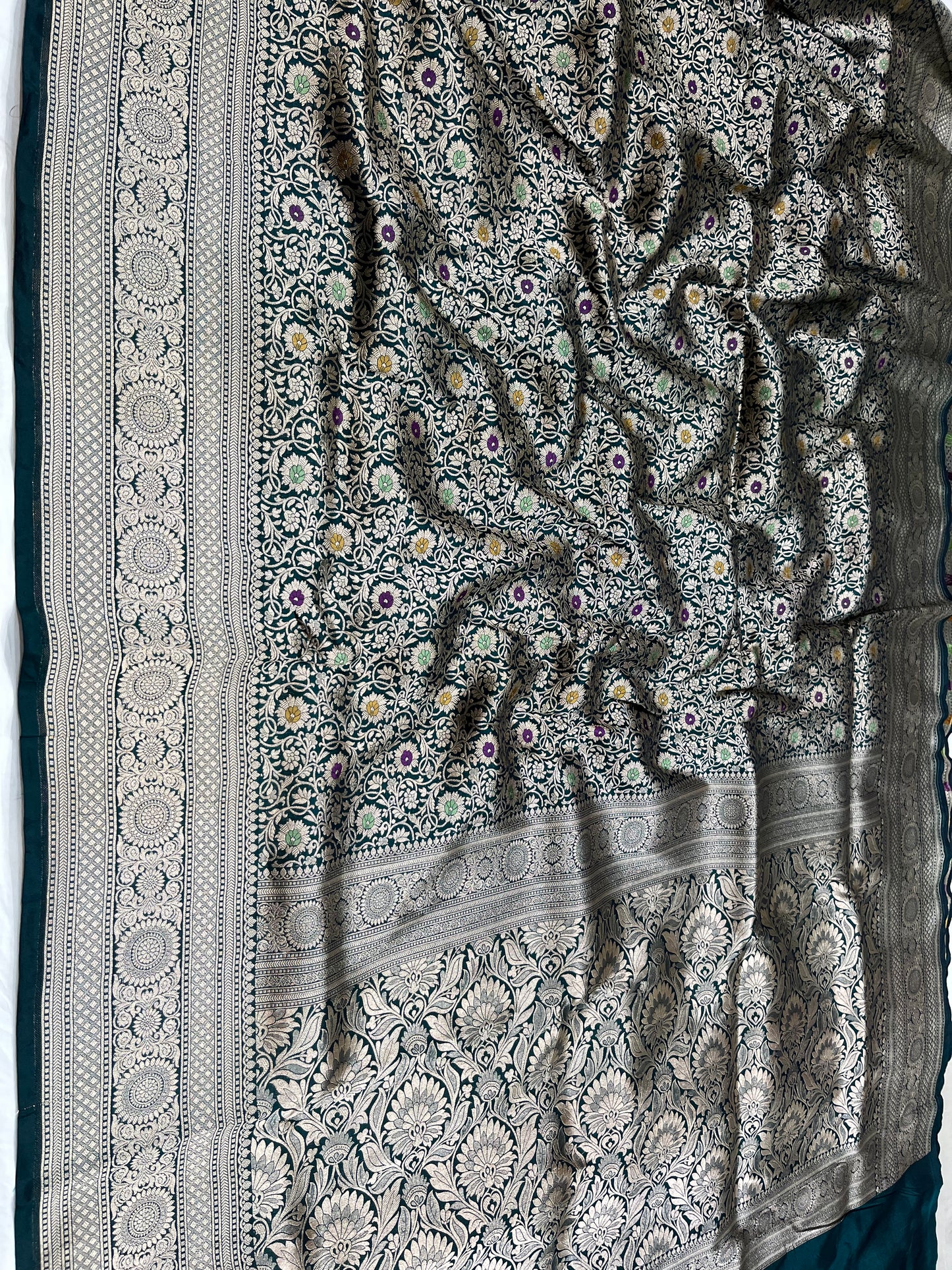 Bottle green brocade pure silk saree