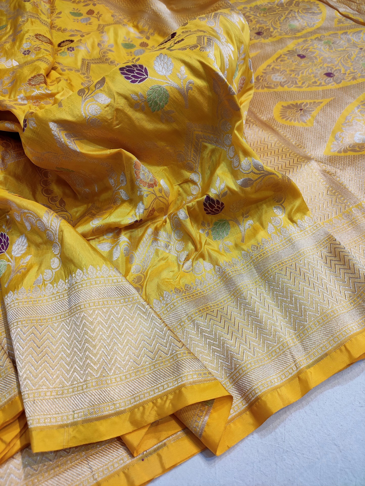 Yellow banarasi pure silk saree