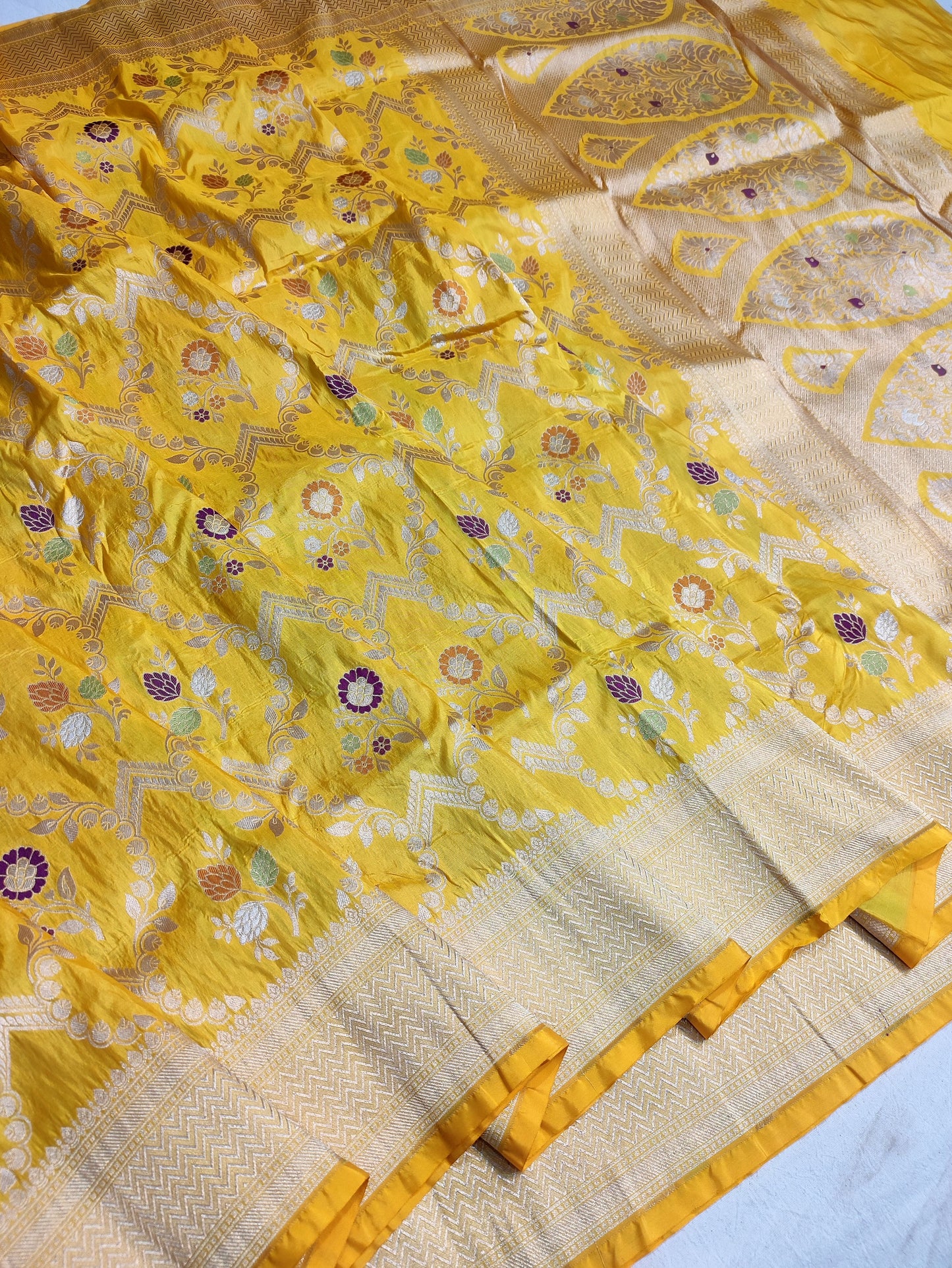 Yellow banarasi pure silk saree