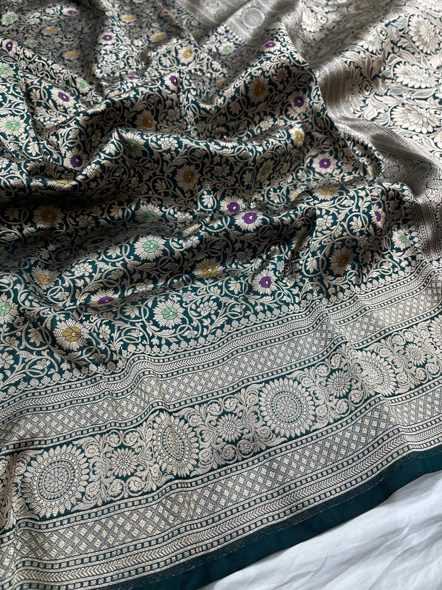 Bottle green brocade pure silk saree