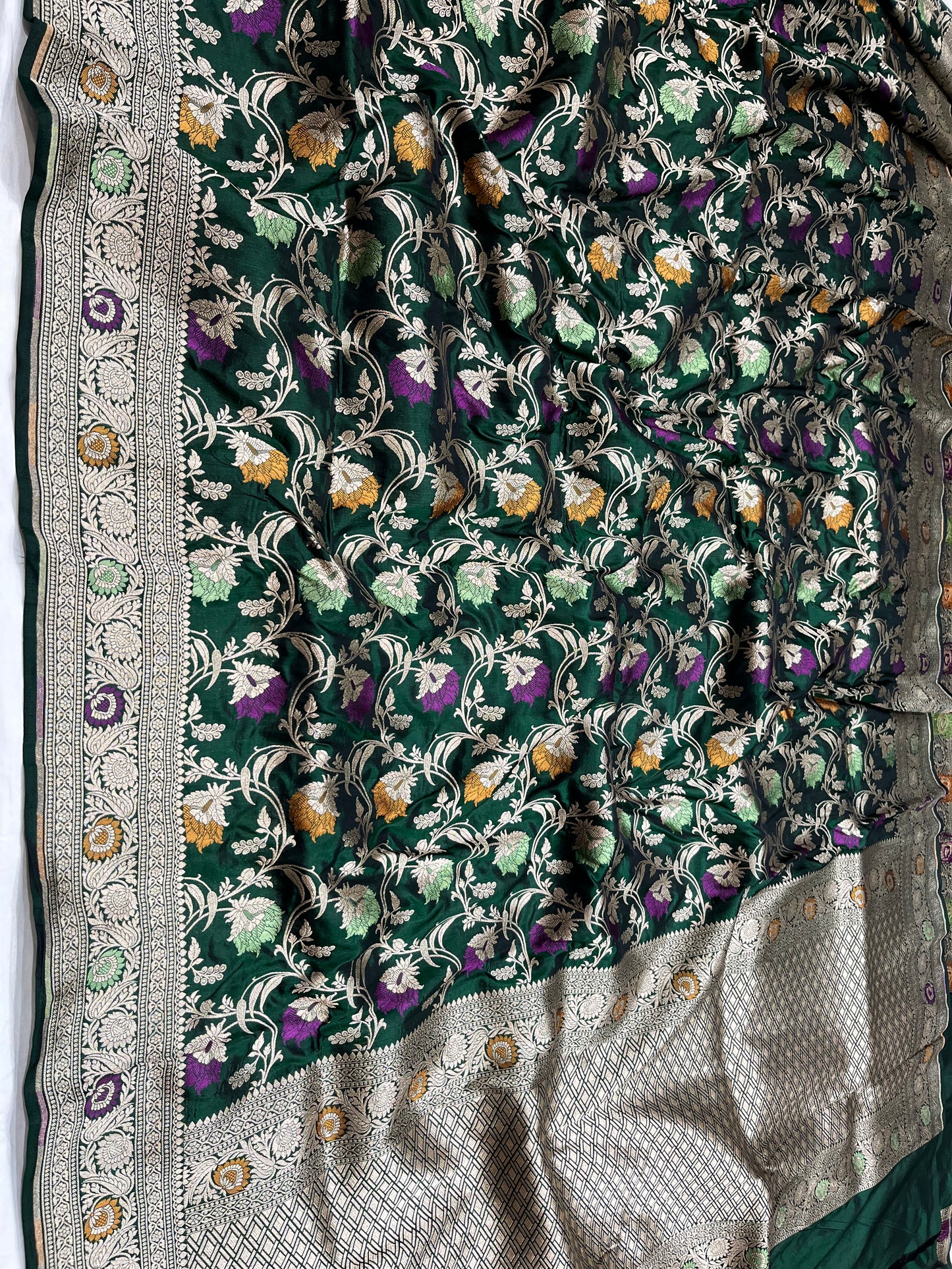 Dark green Banarasi silk meenakari saree