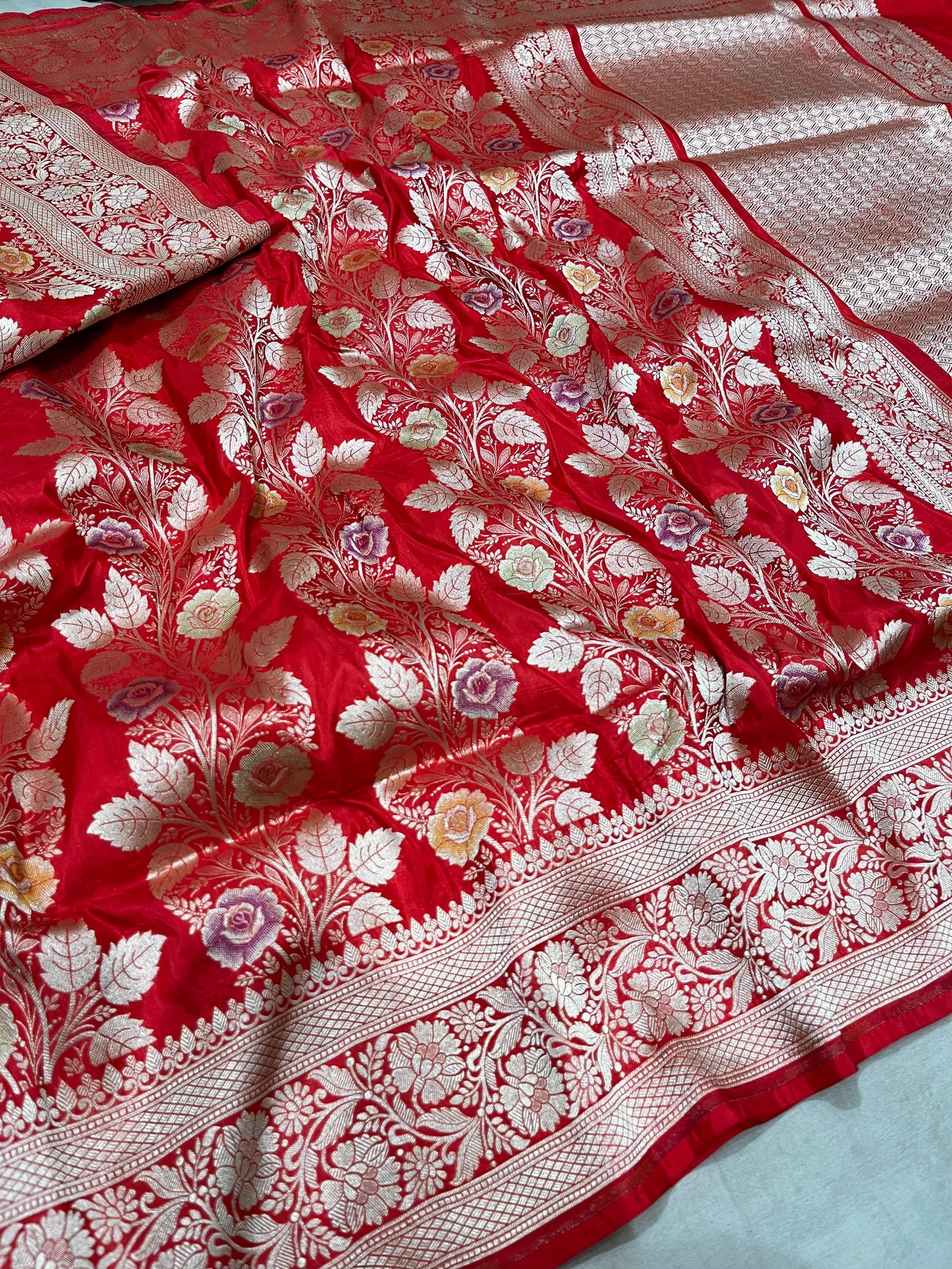 Red katan silk meenakari saree