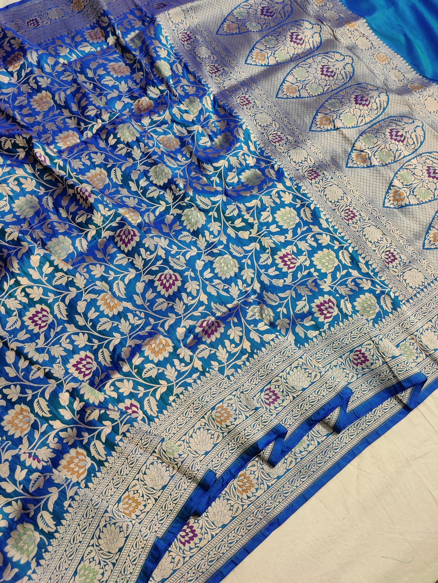 Peacock blue pure silk meenakari saree