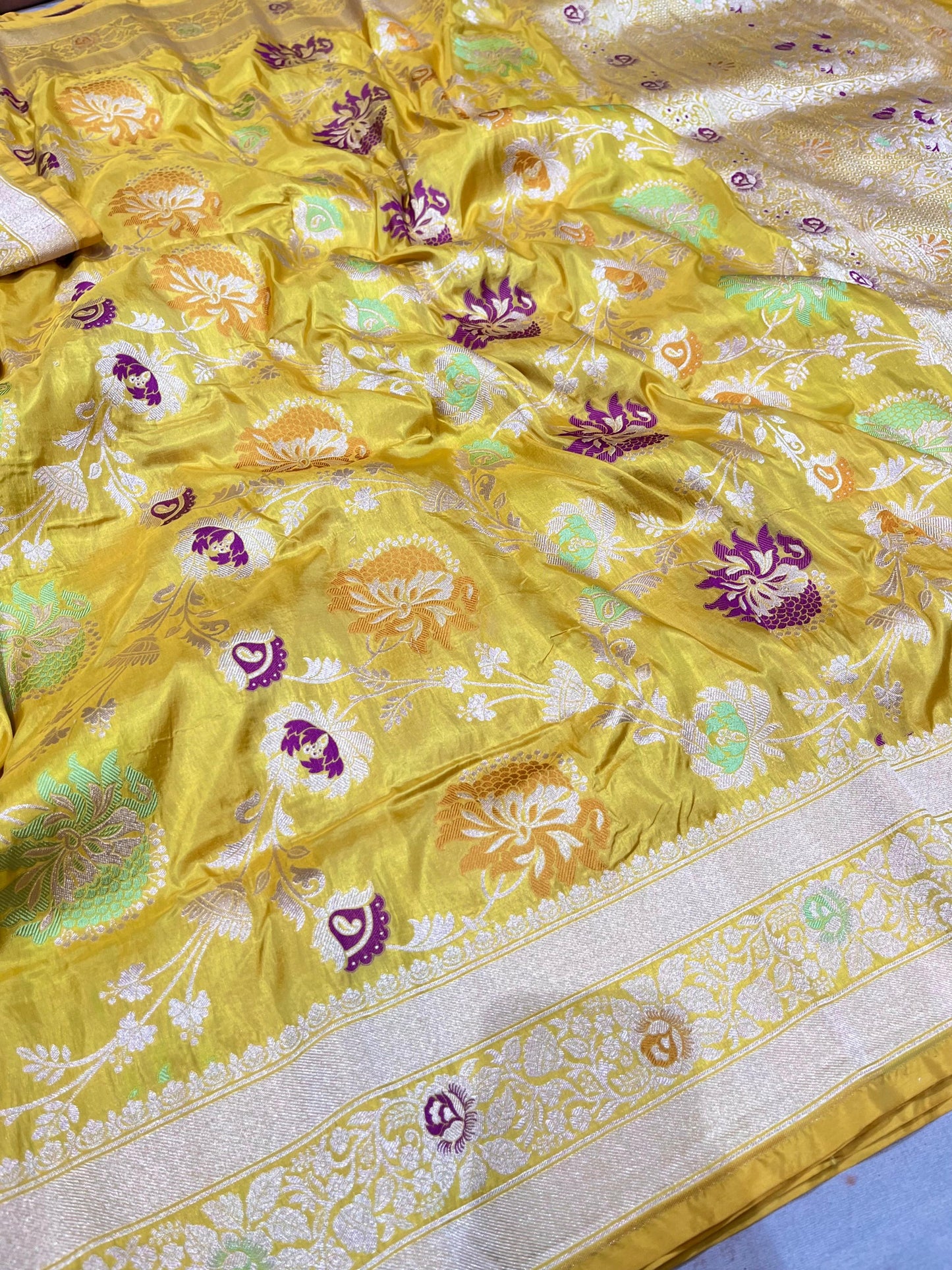 Yellow banarasi silk saree
