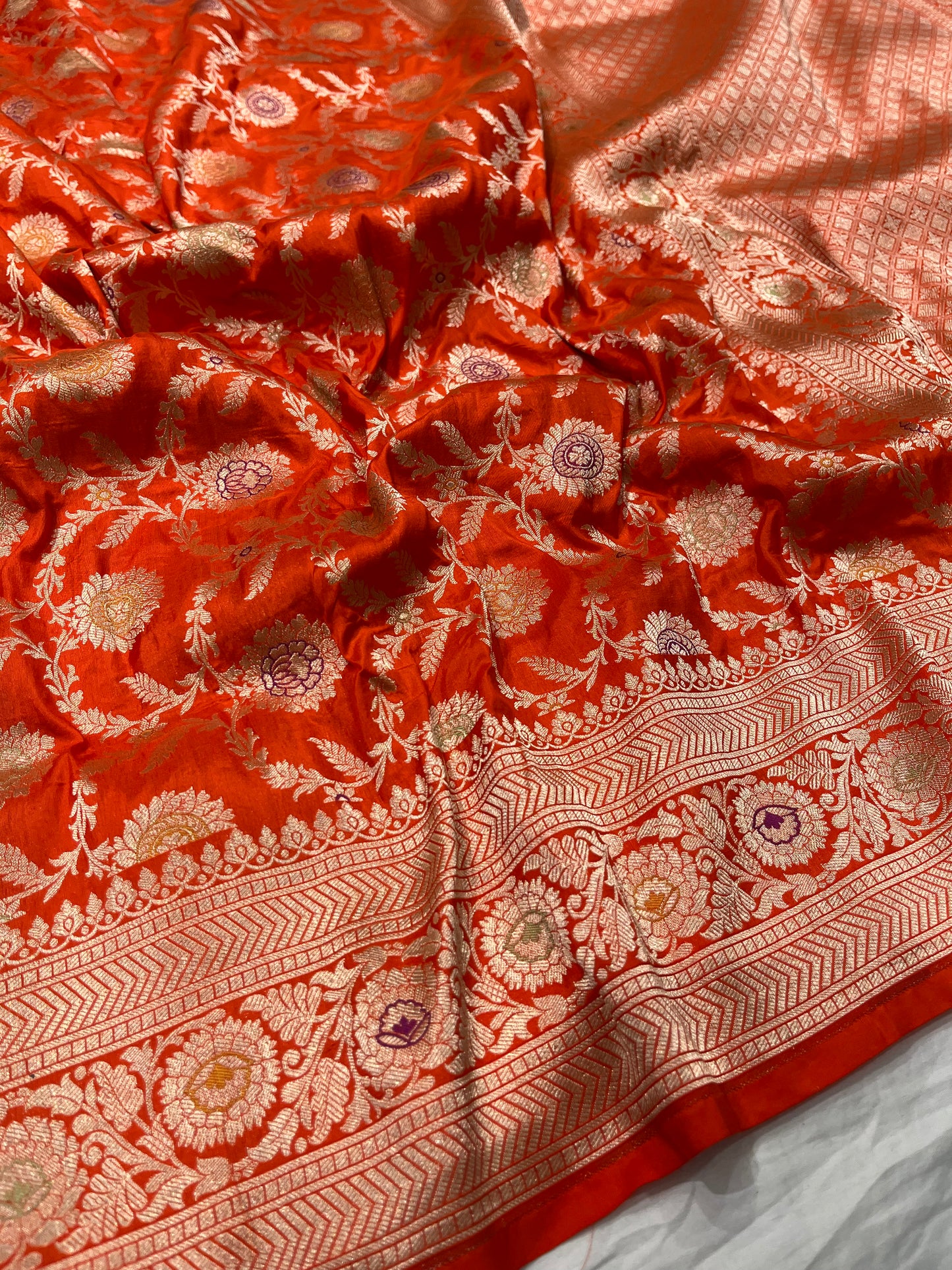 ORANGE BANARASI SILK MEENAKARI SAREE