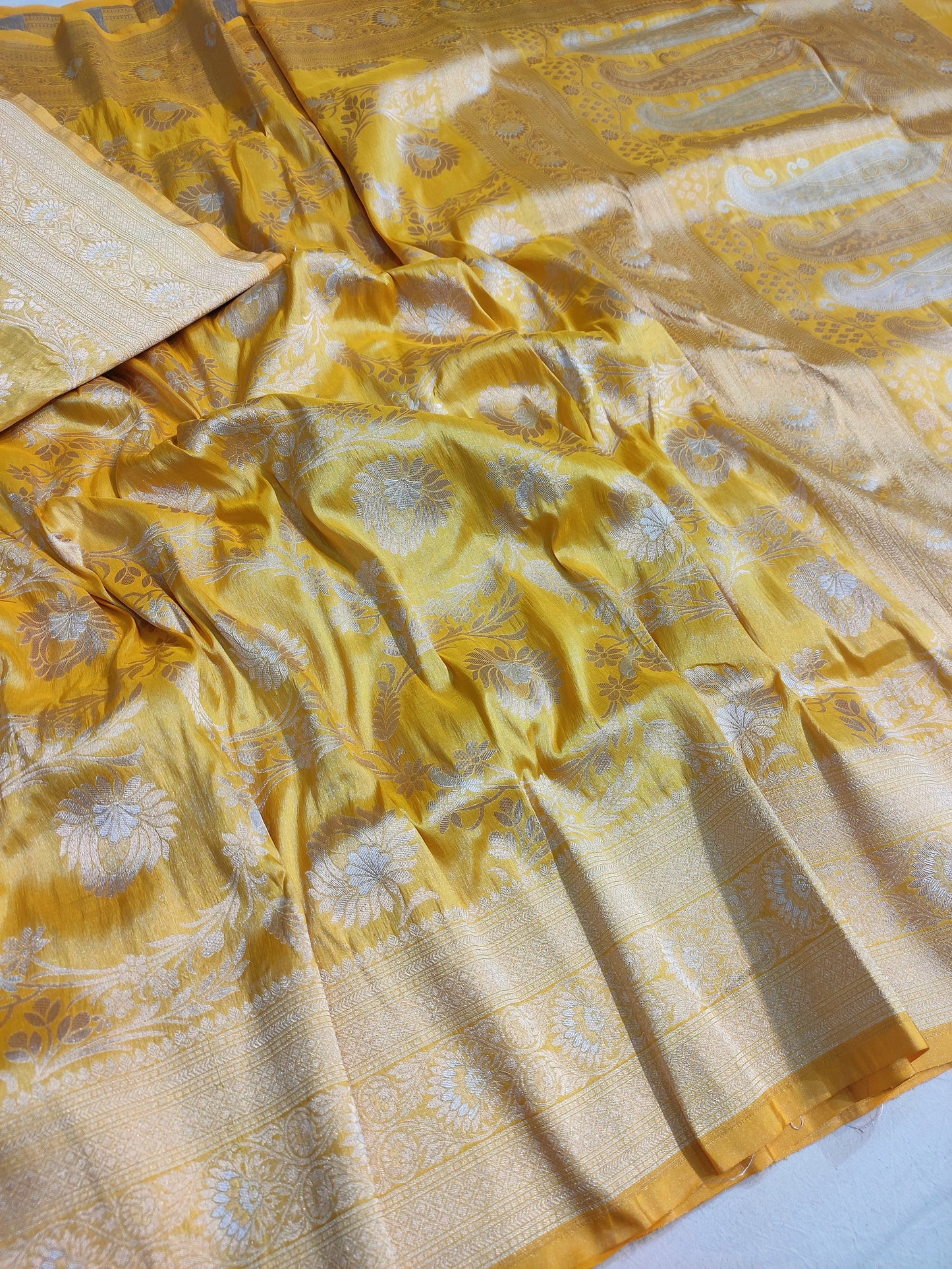 Yellow pure silk meenakari saree