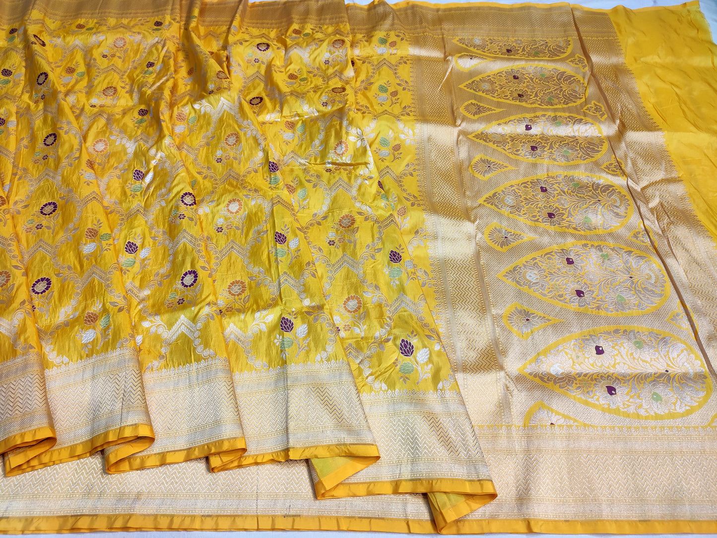 Yellow banarasi pure silk saree