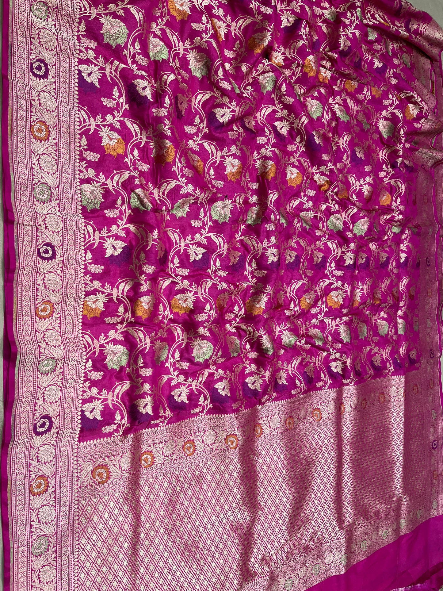 Rani pink pure silk meenakari saree
