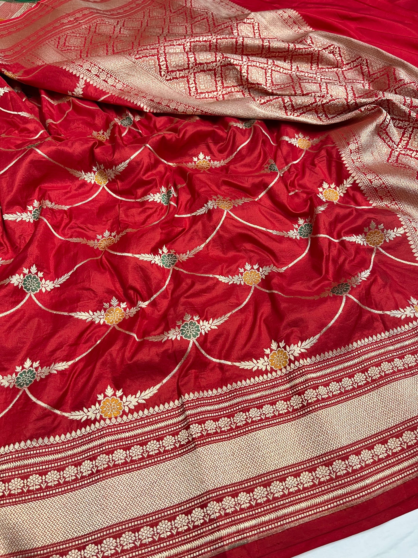 Red katan silk meenakari saree