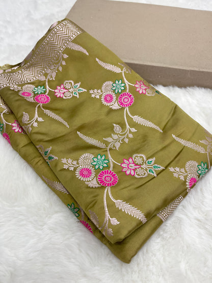 Pista Green Banarasi Mashru Meenakari Floral Jaal Work Saree