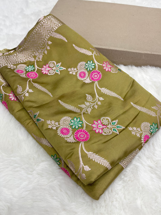 Pista Green Banarasi Mashru Meenakari Floral Jaal Work Saree