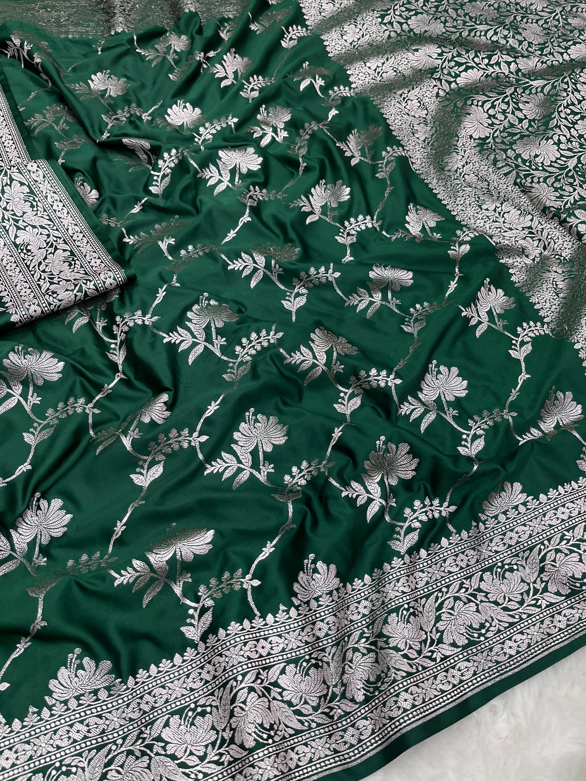 Green Banarasi Soft Mashru Katan Silk Jangla Saree