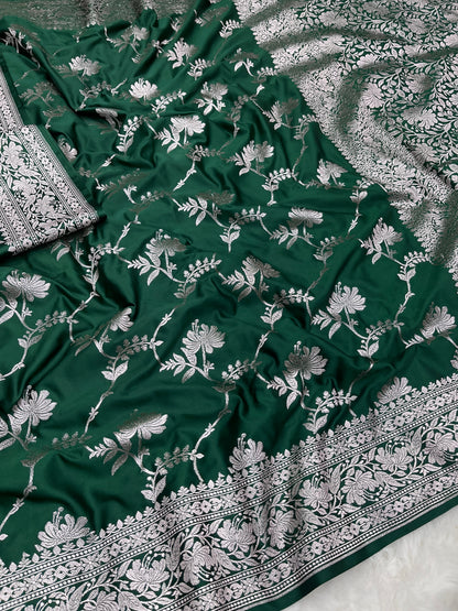 Green Banarasi Soft Mashru Katan Silk Jangla Saree