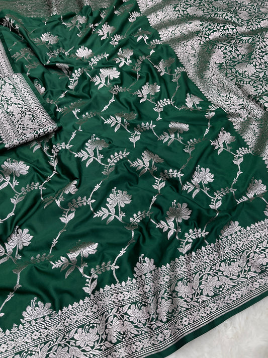 Green Banarasi Soft Mashru Katan Silk Jangla Saree