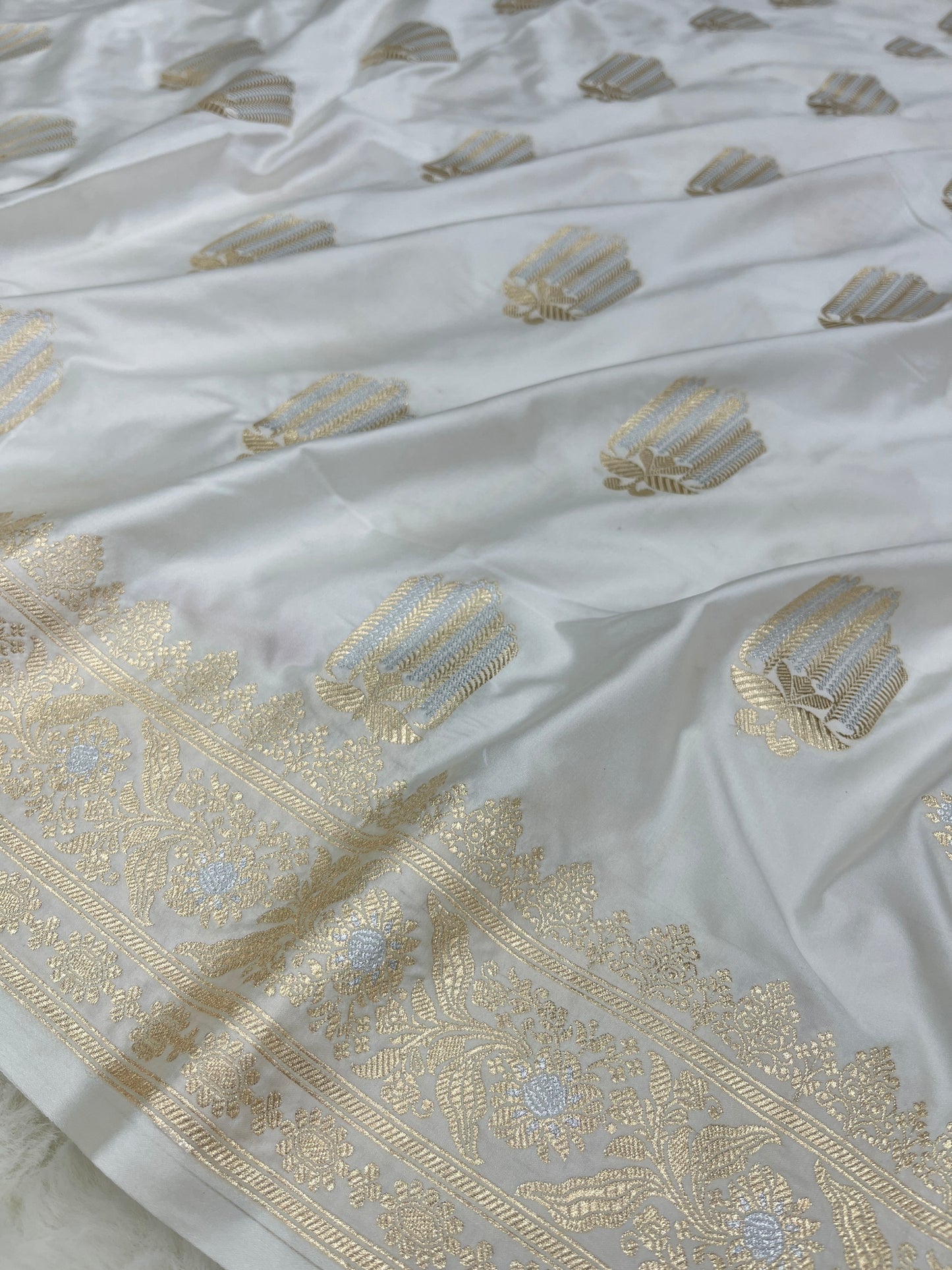 Elegant Christian Bridal Wear Pearl White Banarasi Mashru Silk Sona Rupa Meenakari Saree