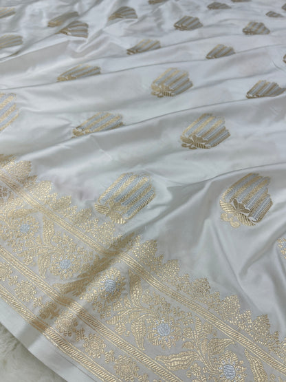 Elegant Christian Bridal Wear Pearl White Banarasi Mashru Silk Sona Rupa Meenakari Saree