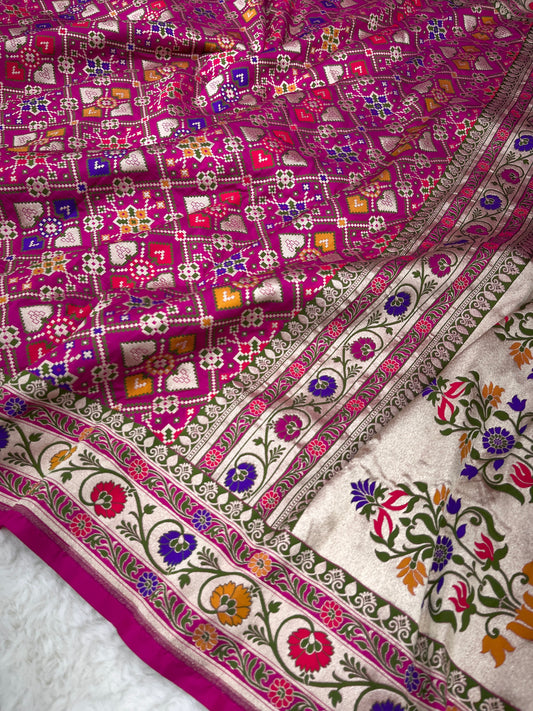 Handwoven Banarasi magenta pink Pure Katan Patola Silk Bridal Saree