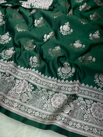 Green Banarasi Soft Mashru Katan Silk Bootidar Saree
