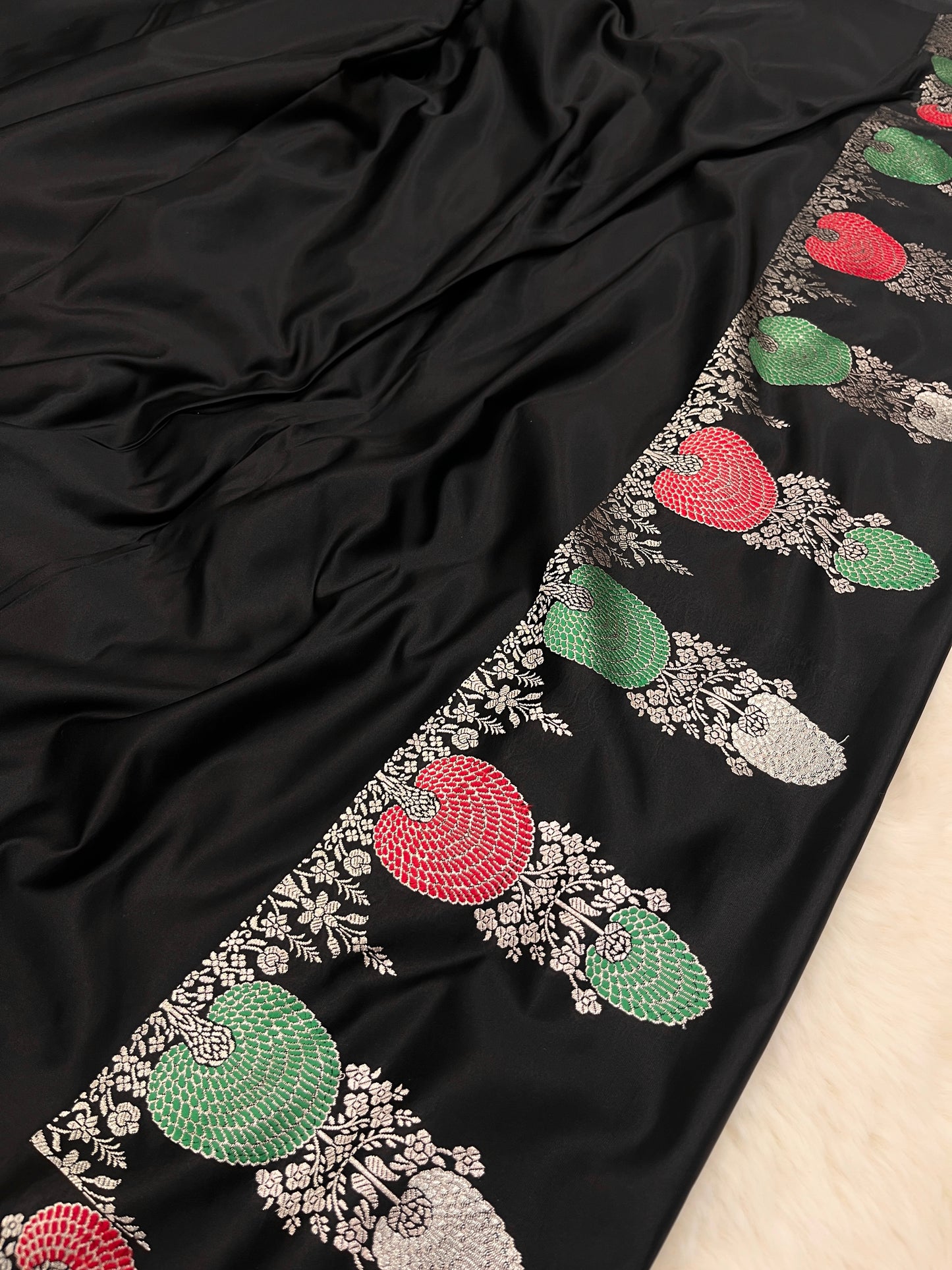 Glamorous Cocktail Wear Midnight Black Banarasi Pure Mashru Silk Meenakari Saree